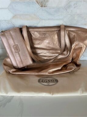 Fossil Metallic Rose Gold Leather Tote with Matching Wallet